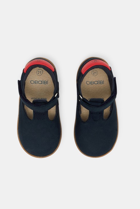 Plain-colored leather velcro T-strap shoes 2