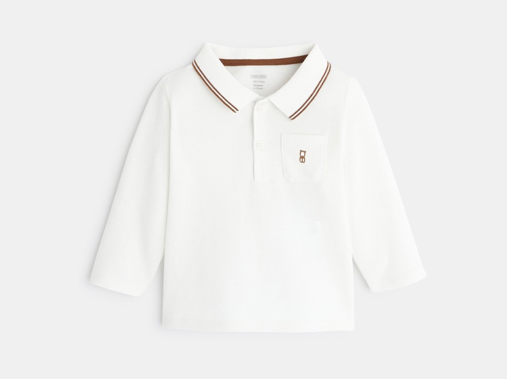 Polo de piqué liso de manga larga blanco bebé niño 2