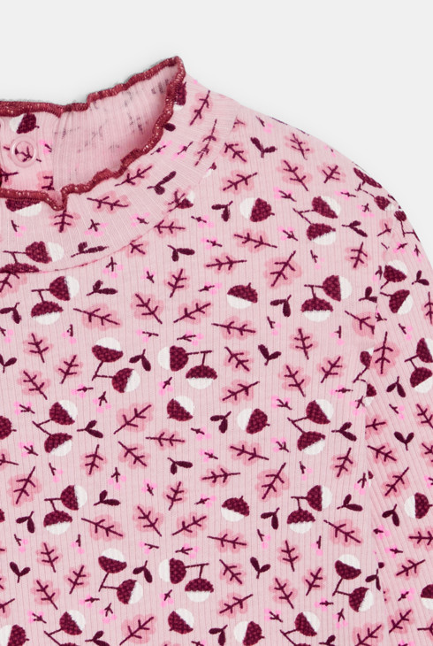 Camiseta canalé plano cuello ondulado estampada malva bebé niña 2
