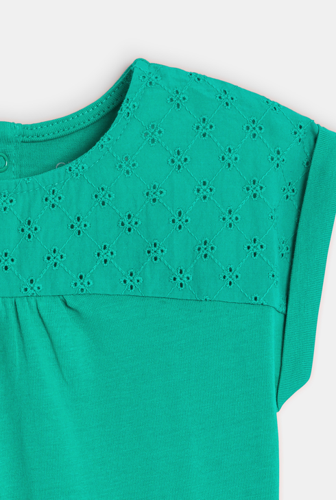 T-shirt bi-matière broderie anglaise vert bébé fille 2