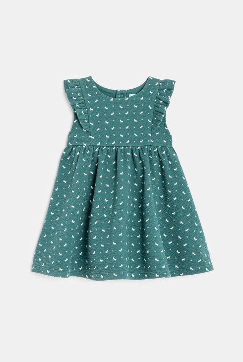 Baby girls' green decorative cotton dress with ruffles and dragonfly print 2