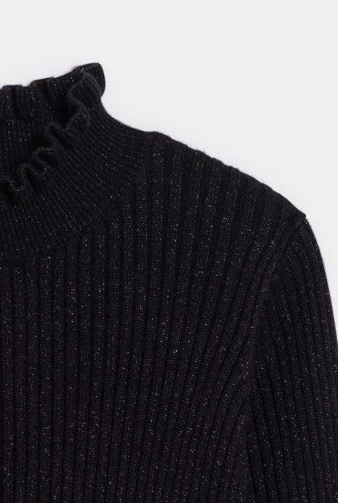 Gerippter Pullover in Schwarz mit Rüschenkragen für Mädchen 2