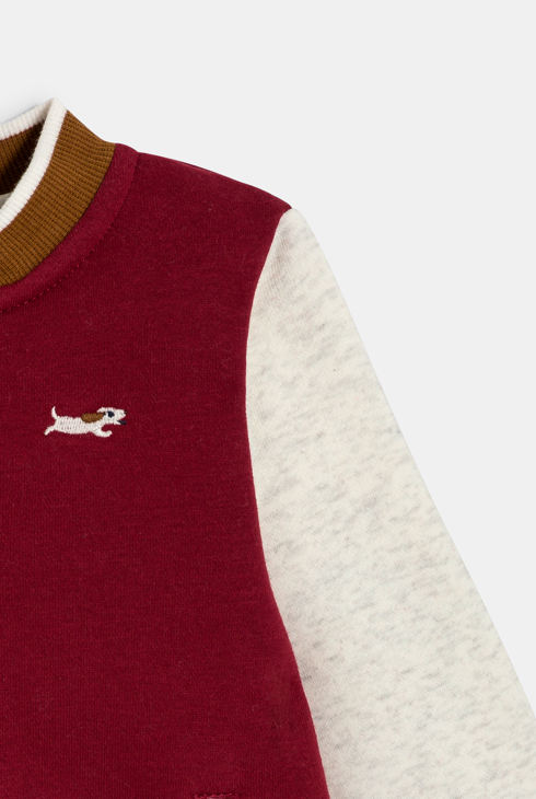 Baby boy's two-tone baseball jacket with red dog print 2