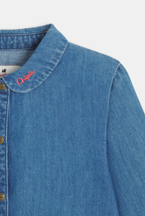 Blaues Mädchen-Hemd aus Denim mit besticktem Kragen 2
