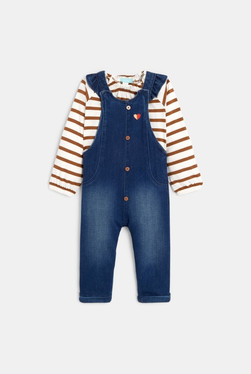 Blaue Jeans-Latzhose und gestreiftes Baby-Sweatshirt für Mädchen 2