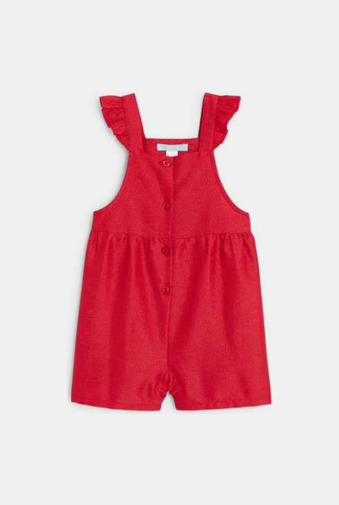 Roter irisierender Baby-Kurzoverall mit Trägern für Mädchen. 2