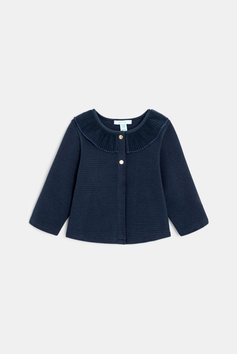 Baby girl's blue fleece cardigan with pleated collar 2