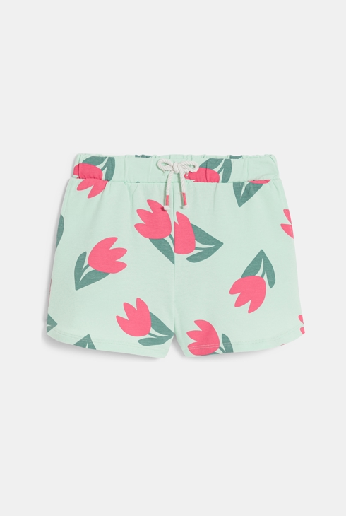 Girl's green fleece shorts with tulip motifs 2