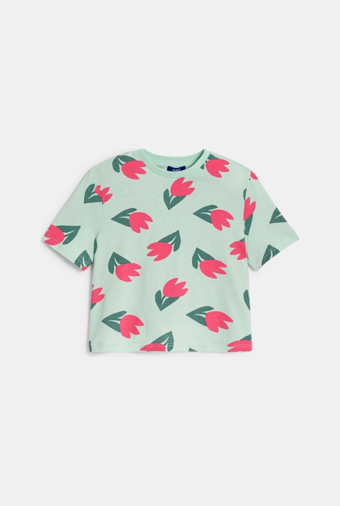 Girls' green tulip motif T-shirt 2