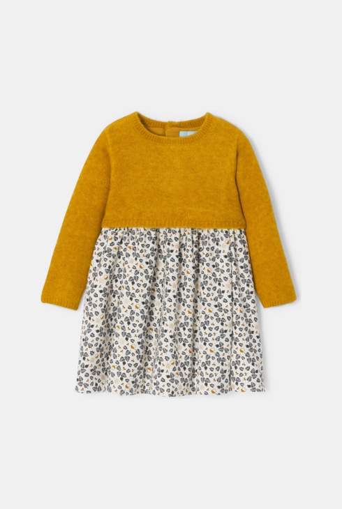 Baby girl's yellow knit and jersey two-fabric dress 2