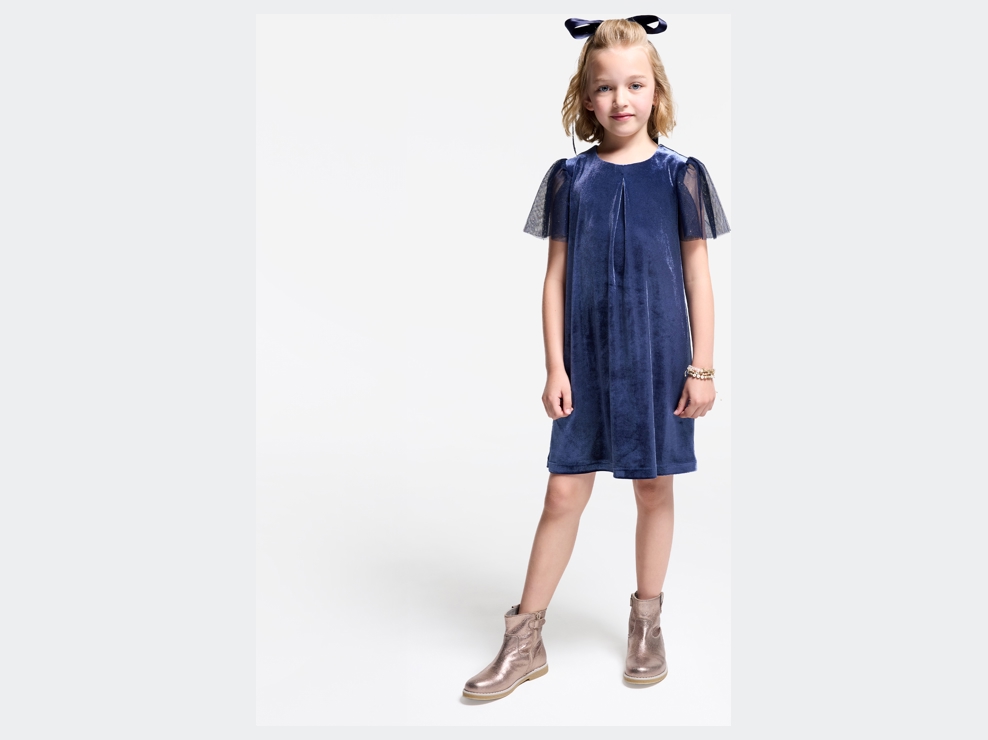 Marineblaues Kleid aus glattem Samt für Mädchen 1