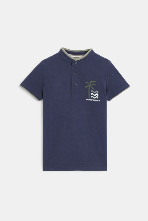 Boy's navy blue short-sleeve palm tree polo shirt 2