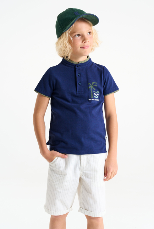 Boy's navy blue short-sleeve palm tree polo shirt 1
