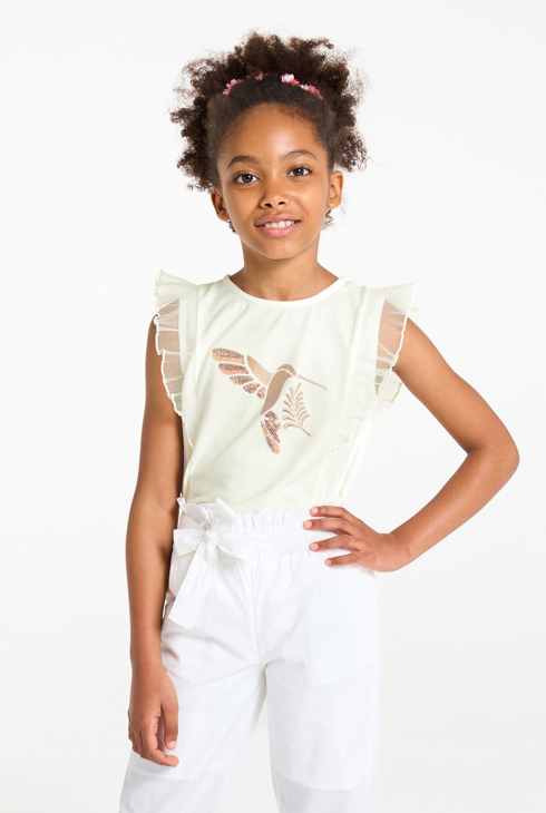 Girl's white ruffle vest top with hummingbird motif 1