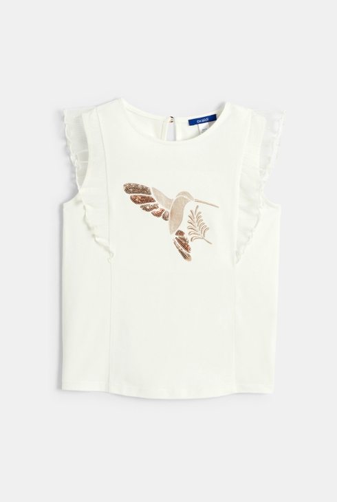 Girl's white ruffle vest top with hummingbird motif 2