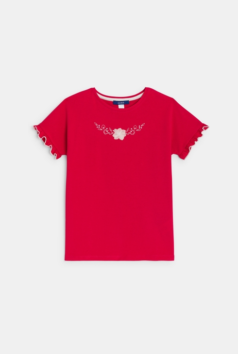 Girl's red embroidered floral T-shirt 1