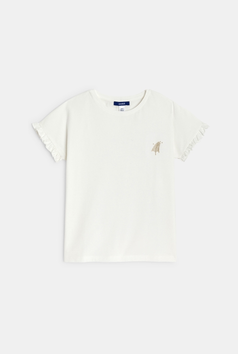 Girl's white short-sleeve T-shirt with embroidered motif 1