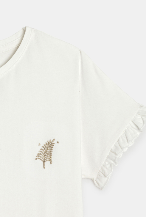 Girl's white short-sleeve T-shirt with embroidered motif 2