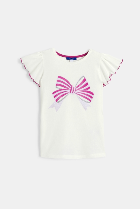 Girl's white short-sleeve T-shirt with bow motif 1
