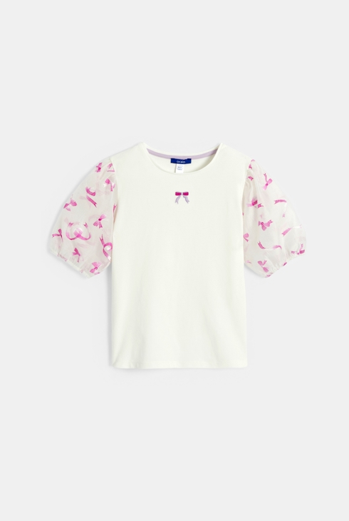 Girl's white short-sleeve T-shirt with bow motif 2