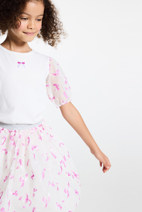 Girl's white short-sleeve T-shirt with bow motif 1