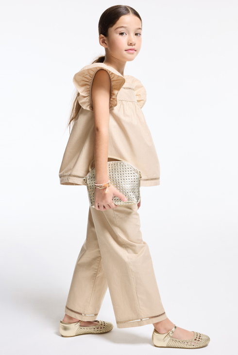 Girl's sand-coloured sparkly wide-leg trousers 1