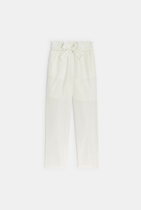 Girl's white paper bag style straight-cut trousers 2