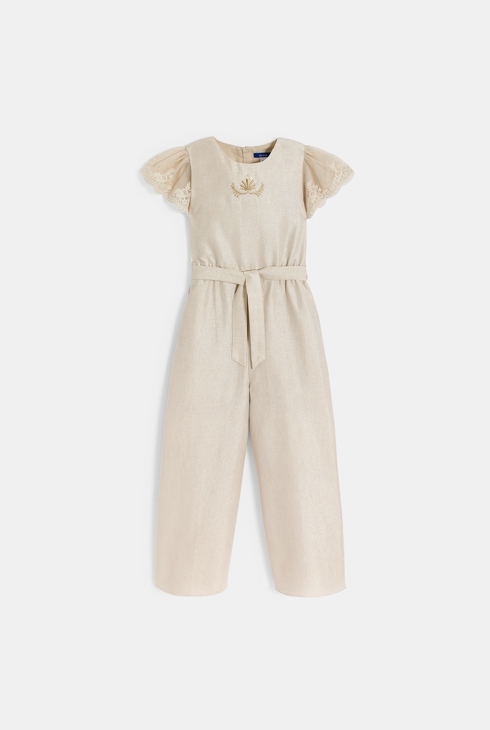 Girl's beige sequinned linen jumpsuit 2