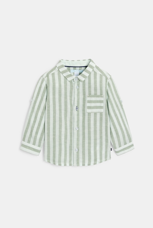 Baby boy's green striped linen and cotton shirt with roll-up sleeves 2