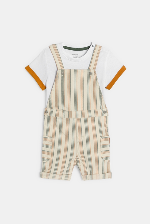 Baby boy's brown striped short overalls and T-shirt 2
