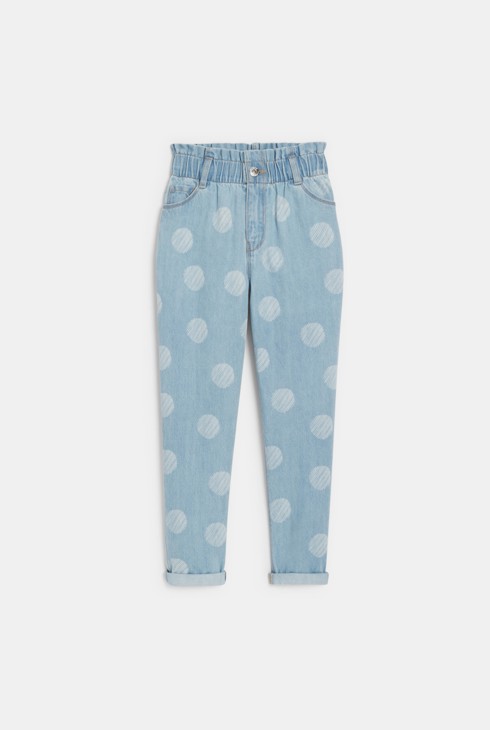 Lichtblauwe jeans met paperbagtaille en stippen voor meisjes 2