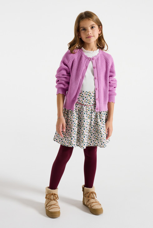 Fioletowy gładki kardigan z dzianiny ściągaczowej dla dziewczynki 1