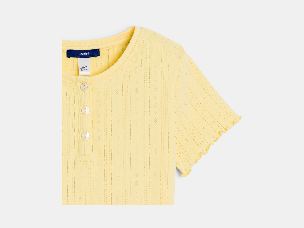 Kurzarm-T-Shirt einfarbig Pointelle gelb Mädchen 2