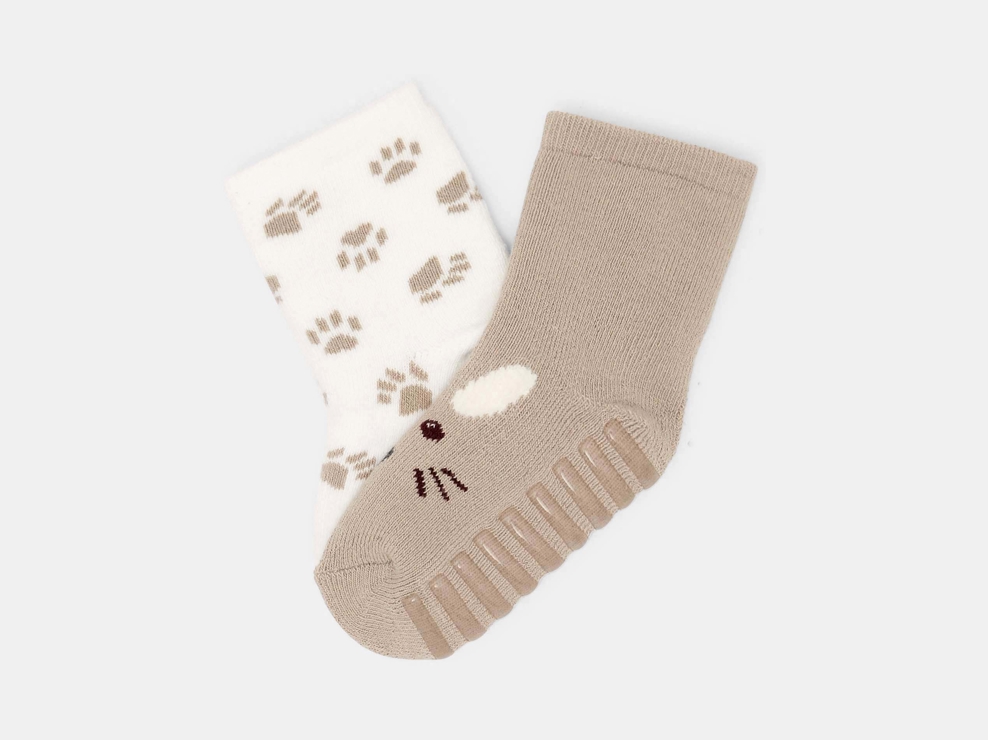 Rutschfeste beige Socken Tiergesicht Kleinkind Mädchen (2er-Pack) 1