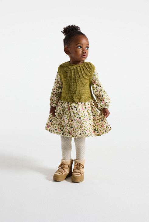 Vestido bimaterial floral verde bebé niña 1