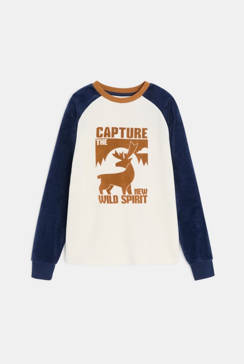 Pyjama 2 pièces en velours motif cerf bleu Garçon 2