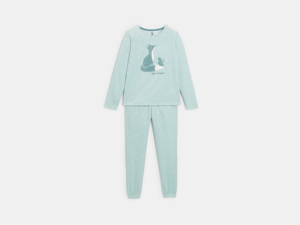 Zweiteiliger Velours-Pyjama aus mit Fuchs- und Hasenmotiv in Blau für Mädchen 1