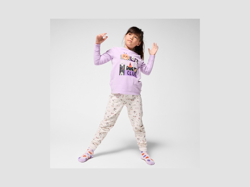 Zweiteiliger Molton-Pyjama mit Halloween-Motiv blasslila Mädchen 1