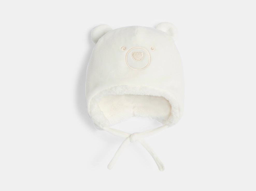Inka-Mütze mit Bärenmotiv und Fleecefutter in Weiß für kleine Mädchen 1