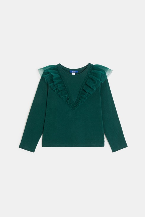 Camiseta verde manga larga con volantes niña 1