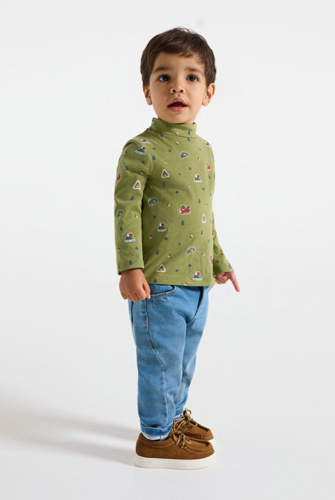 Zielona koszulka ze stójką z dżerseju z nadrukiem niemowlę chłopiec 1