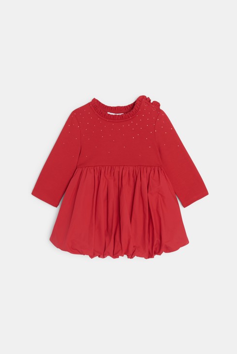 Vestido bimaterial con pliegues rojo bebé niña 1