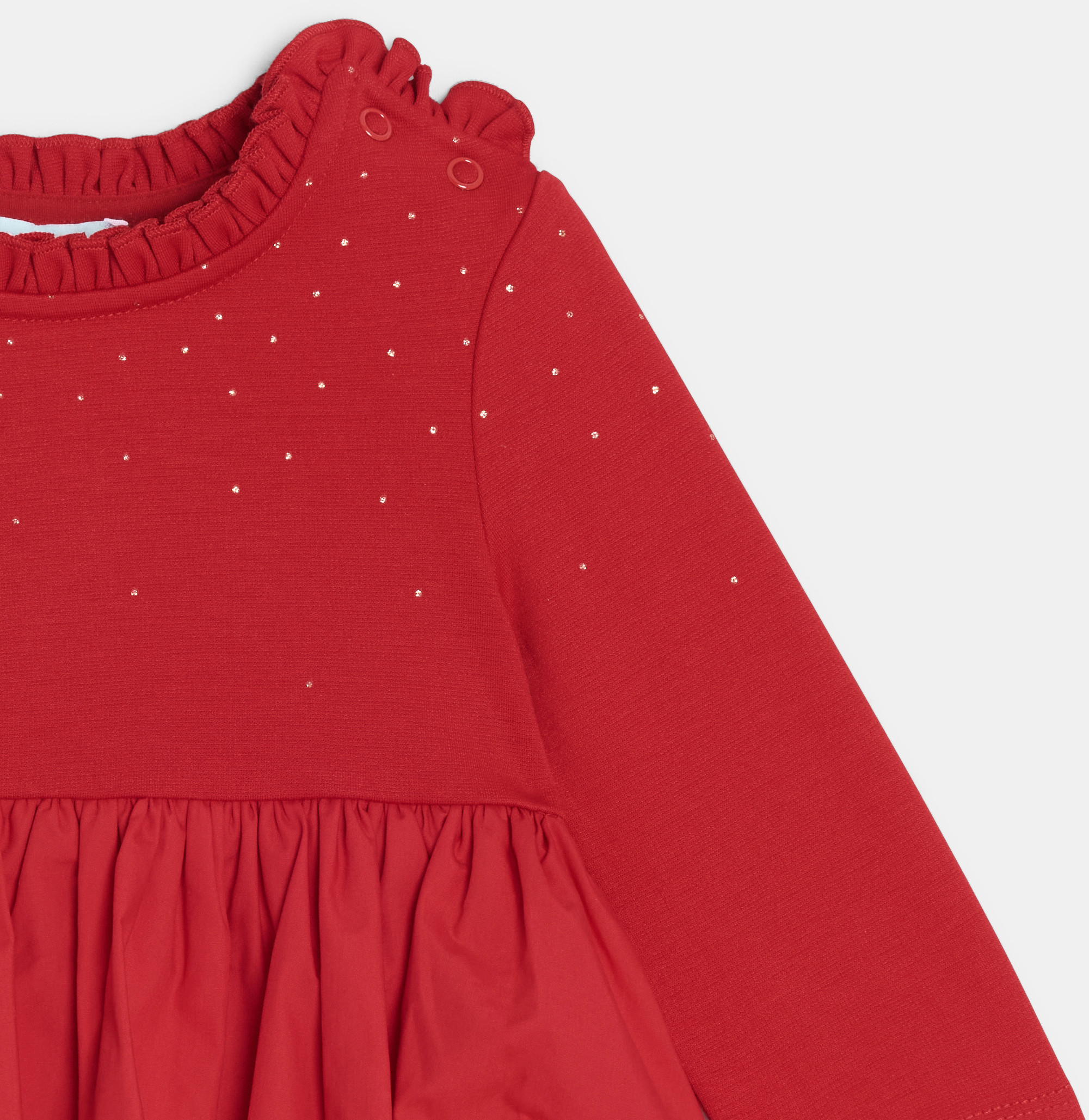 Vestido bimaterial con pliegues rojo bebé niña 2