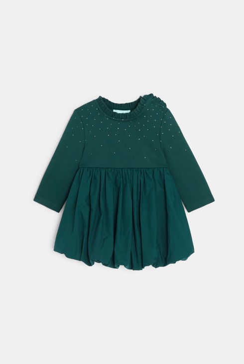 Vestido bimaterial con pliegues verde oscuro bebé niña 1