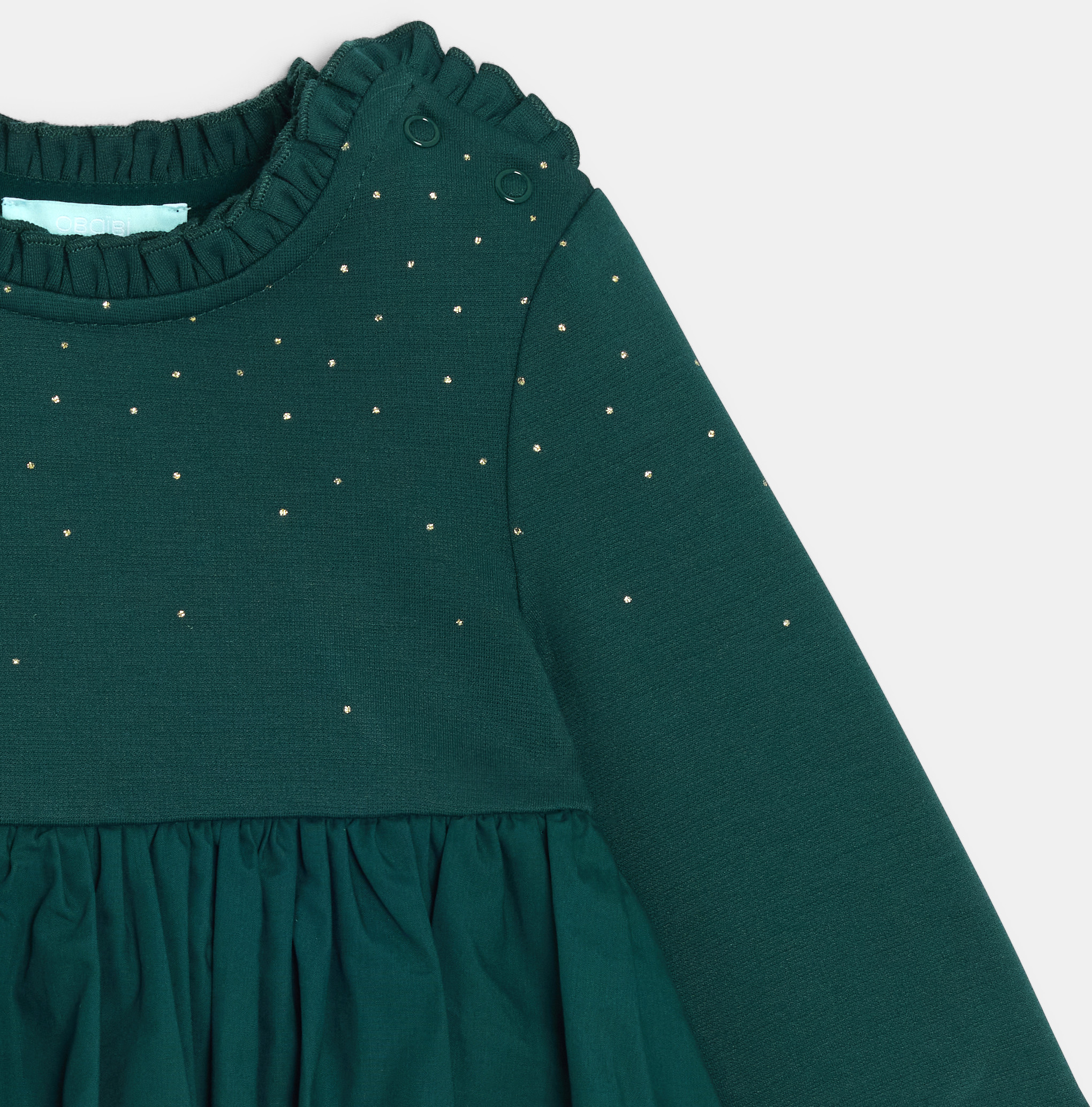 Vestido bimaterial con pliegues verde oscuro bebé niña 2