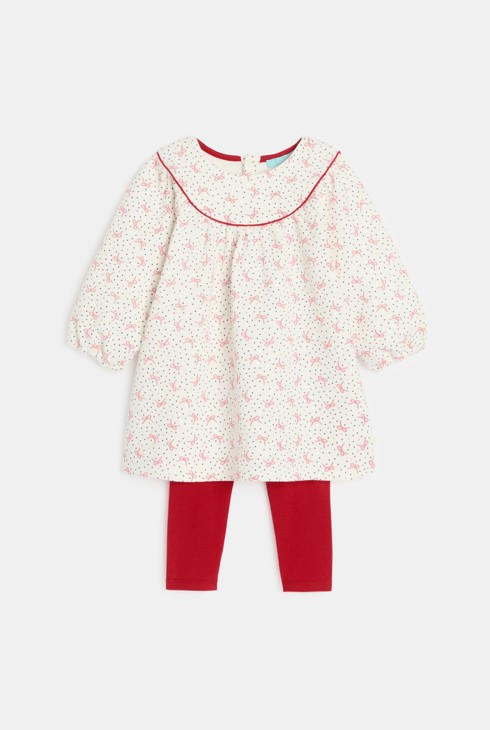 Vestido amplio estampado y legging blanco bebé niña 2