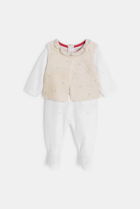 Pelele terciopelo blanco y chaleco beige bebé niña 1