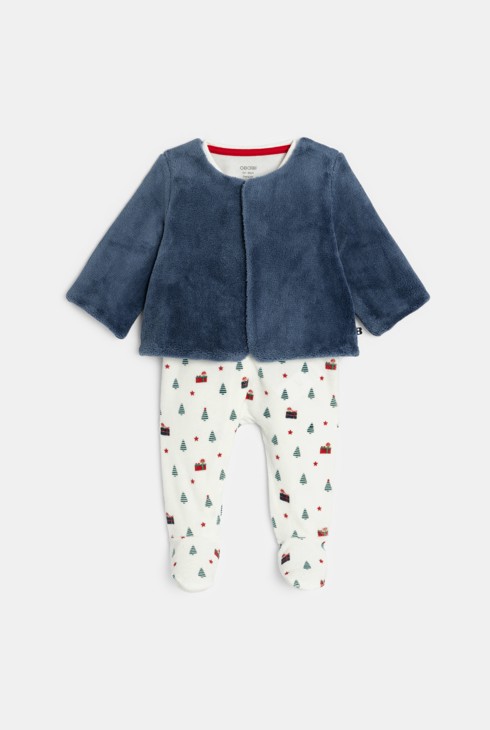 Weißer Strampler aus Samt und beige Strickjacke Kleinkind Mädchen 1