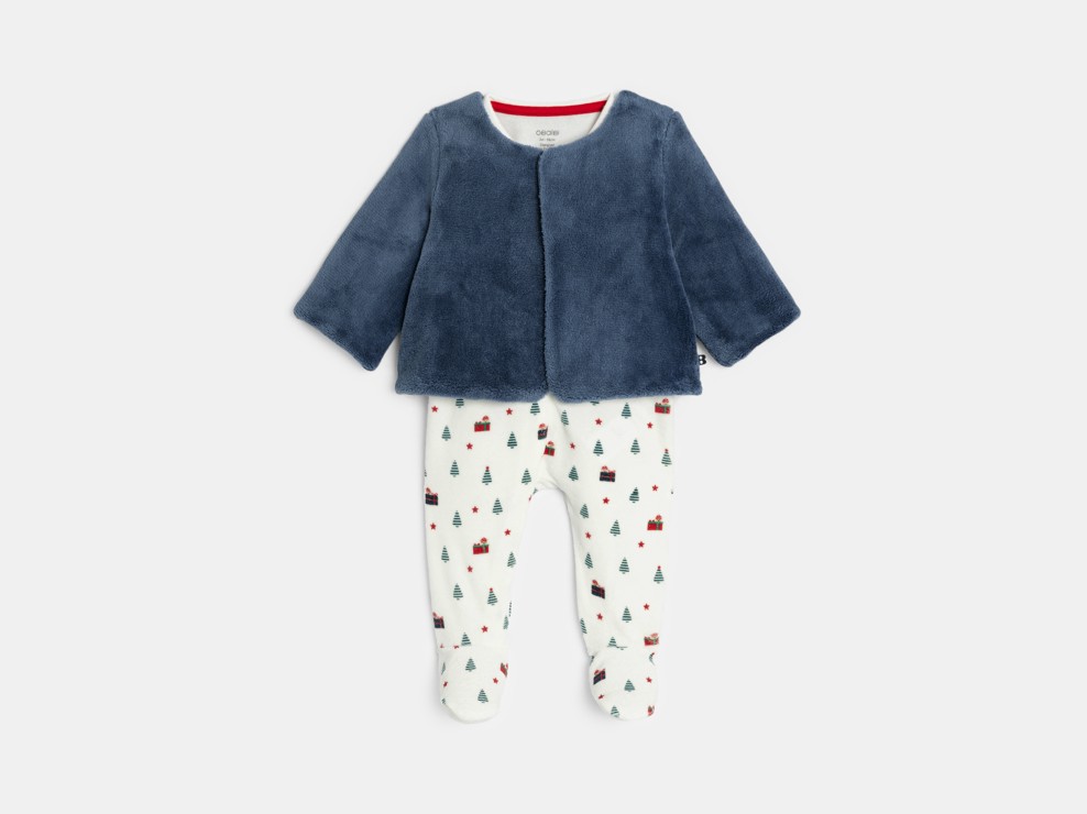 Weißer Strampler aus Samt und beige Strickjacke Kleinkind Mädchen 1