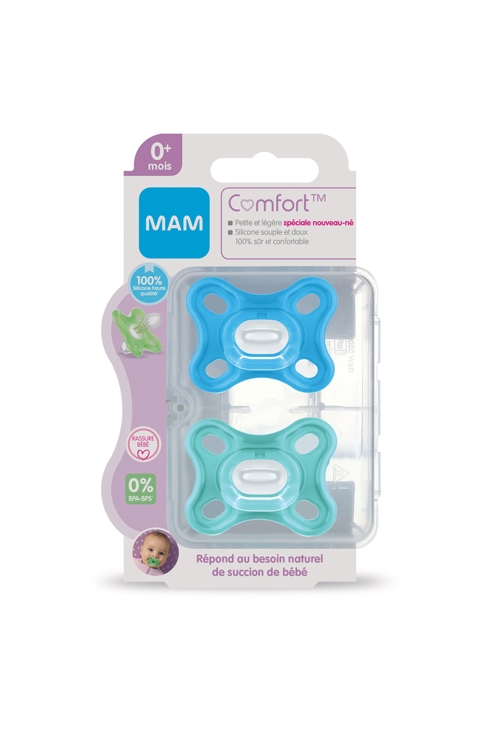 Lot de 2 sucettes Comfort 0-2 mois bleu avec boite de stérilisation MAM 2
